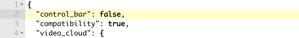 JSON code block showing how to disable the control bar for a video.js player.